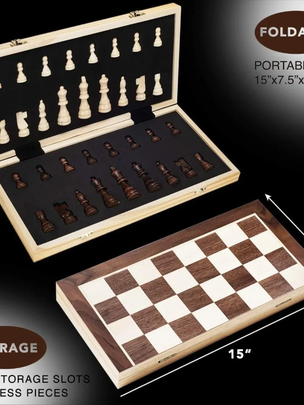15 Inches Magnetic Wooden Chess Set - 2 Extra Queens - Folding Board - Pieces St